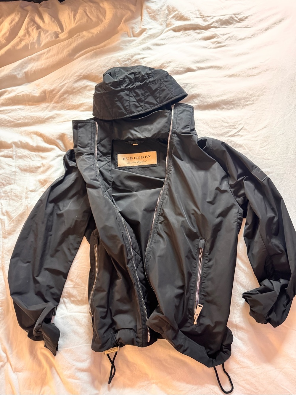 Burberry Black Hooded Shell Jacket with Logo Patch